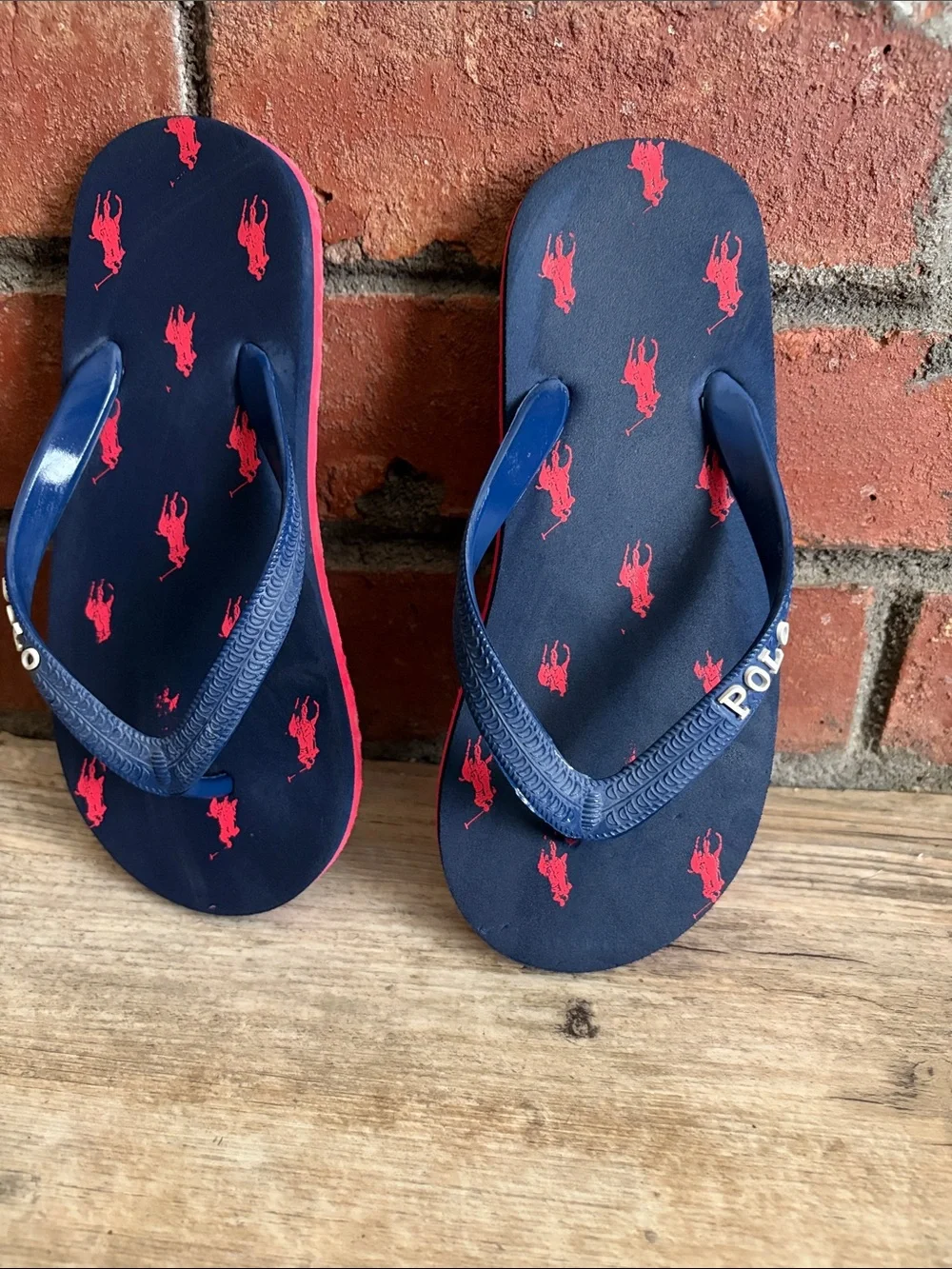 Polo by Ralph Lauren Kids Navy Flip Flops with Red Pony Print